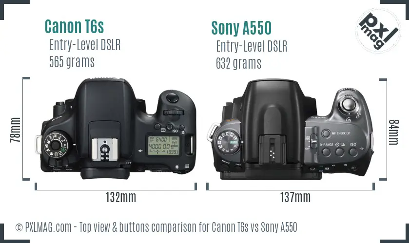 Canon T6s vs Sony A550 top view buttons comparison