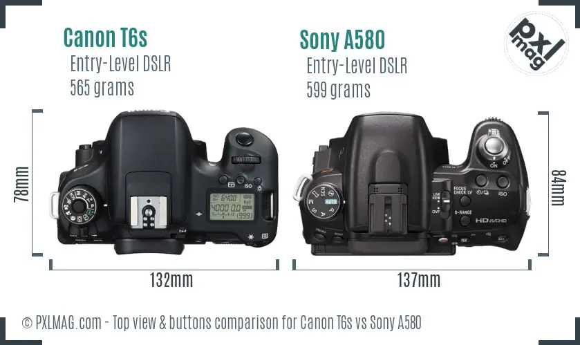Canon T6s vs Sony A580 top view buttons comparison