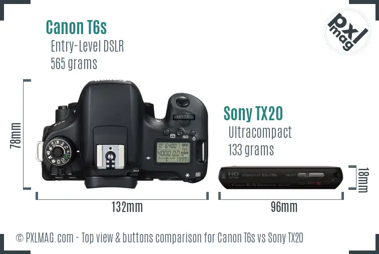 Canon T6s vs Sony TX20 top view buttons comparison