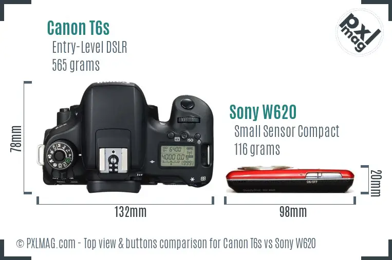 Canon T6s vs Sony W620 top view buttons comparison