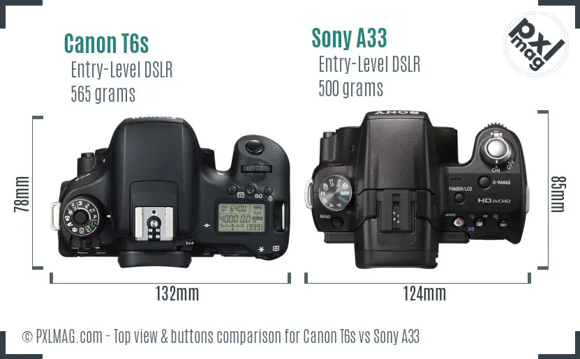Canon T6s vs Sony A33 top view buttons comparison