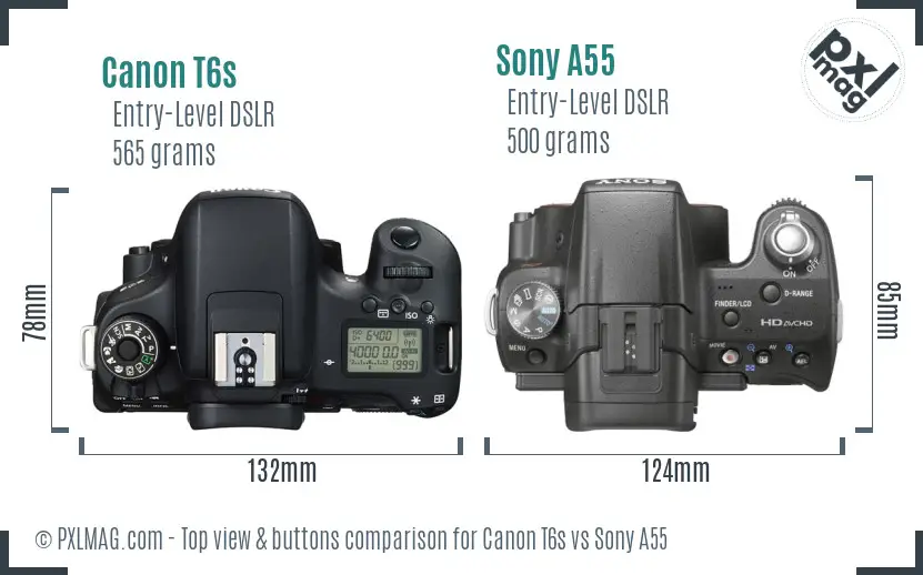 Canon T6s vs Sony A55 top view buttons comparison
