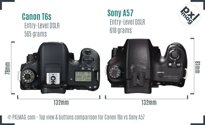 Canon T6s vs Sony A57 top view buttons comparison