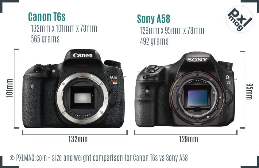 Canon T6s vs Sony A58 size comparison
