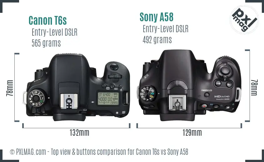Canon T6s vs Sony A58 top view buttons comparison
