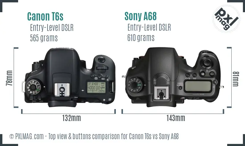 Canon T6s vs Sony A68 top view buttons comparison