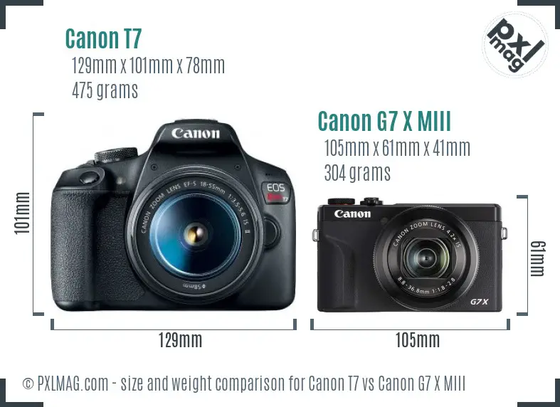 Canon T7 vs Canon G7 X MIII size comparison