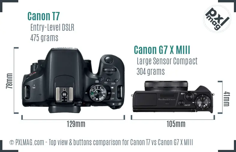 Canon T7 vs Canon G7 X MIII top view buttons comparison