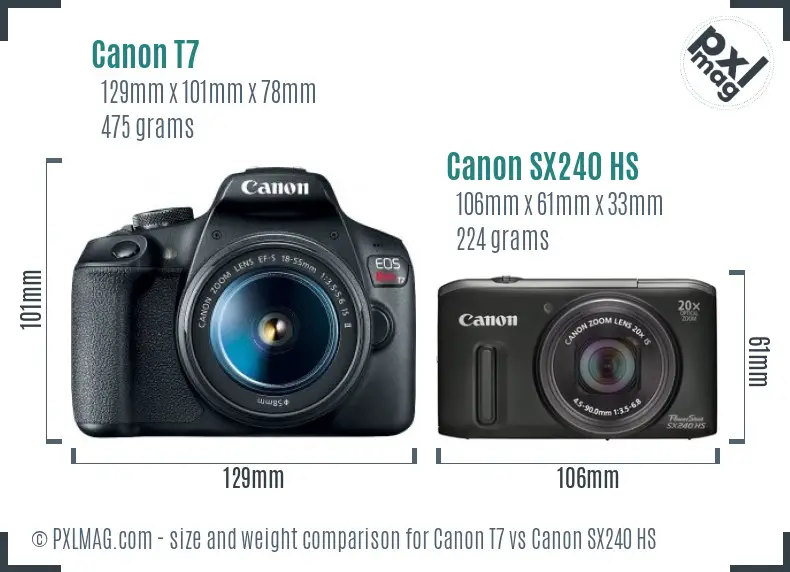 Canon T7 vs Canon SX240 HS size comparison