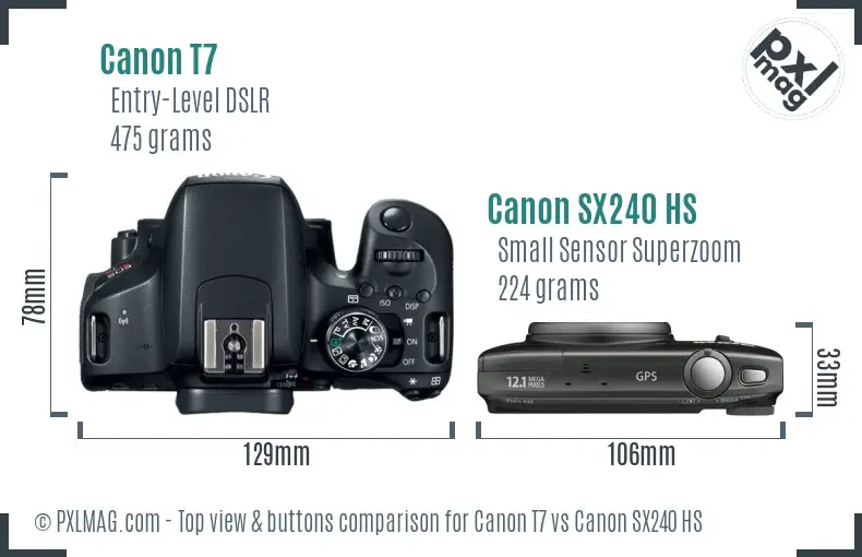 Canon T7 vs Canon SX240 HS top view buttons comparison