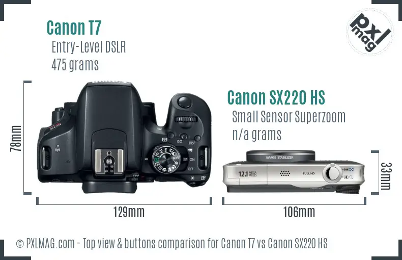 Canon T7 vs Canon SX220 HS top view buttons comparison
