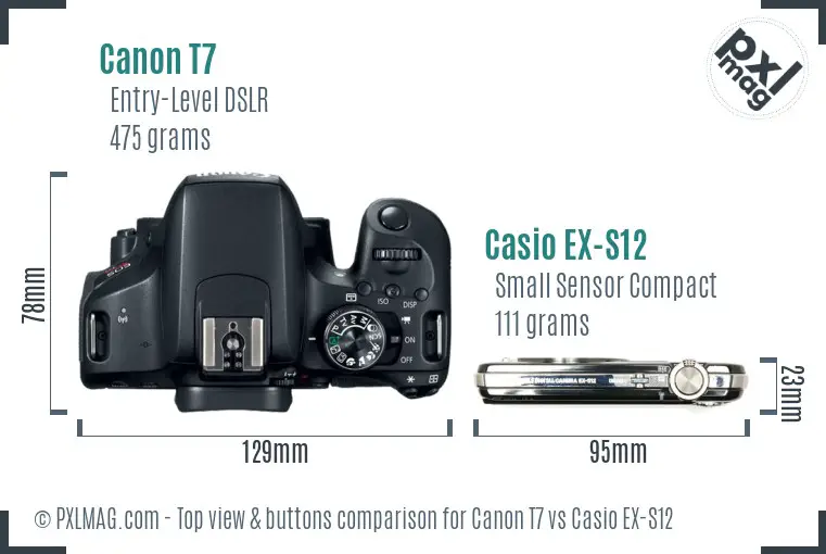 Canon T7 vs Casio EX-S12 top view buttons comparison
