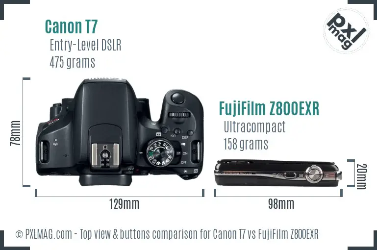 Canon T7 vs FujiFilm Z800EXR top view buttons comparison