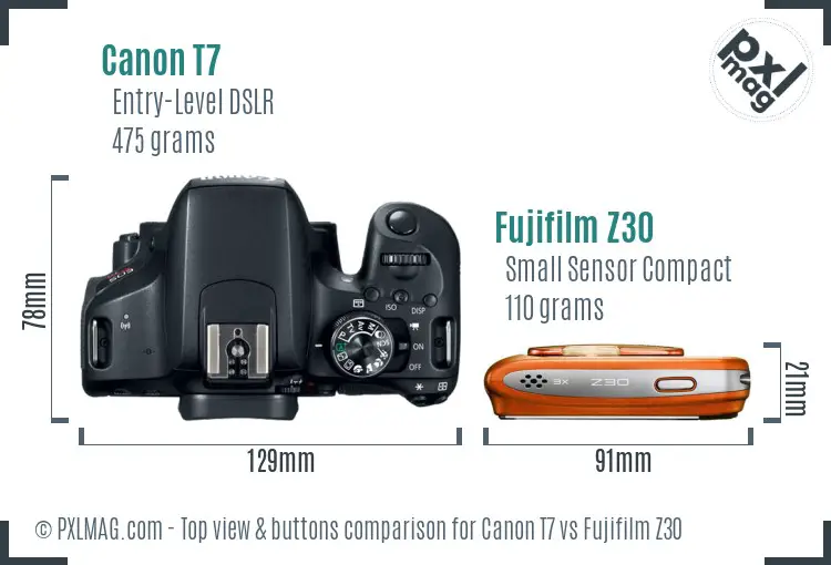 Canon T7 vs Fujifilm Z30 top view buttons comparison