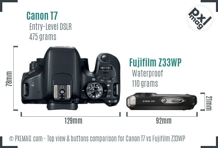 Canon T7 vs Fujifilm Z33WP top view buttons comparison