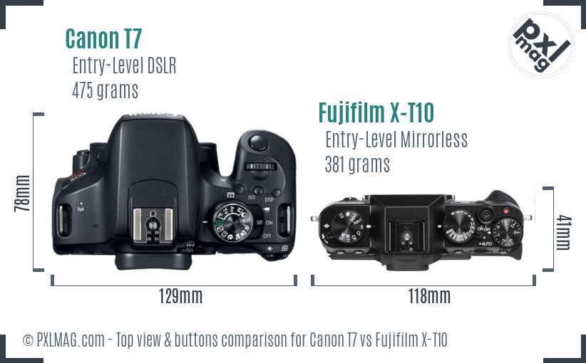Canon T7 vs Fujifilm X-T10 top view buttons comparison