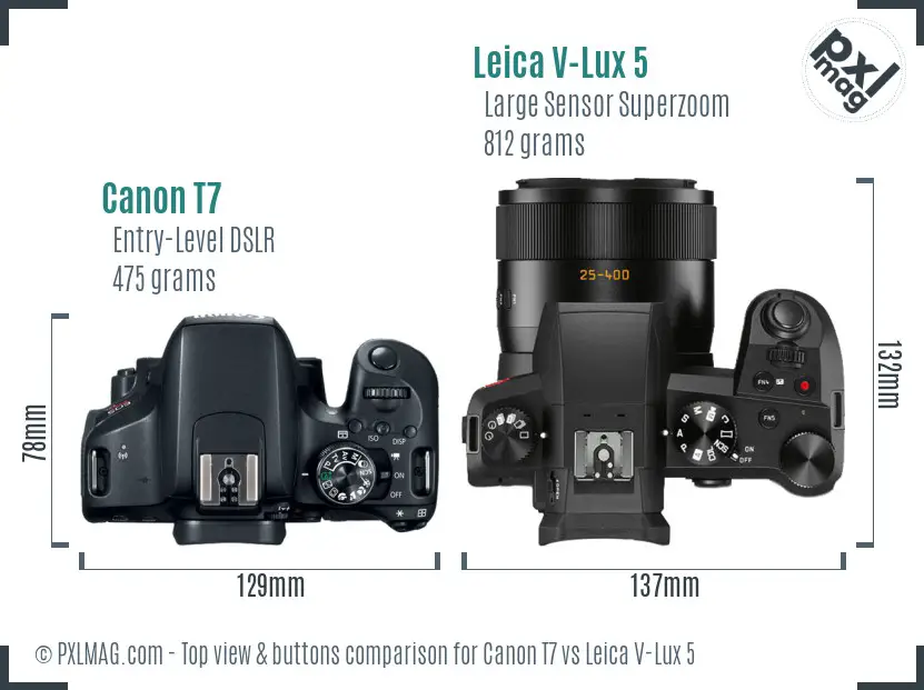 Canon T7 vs Leica V-Lux 5 top view buttons comparison