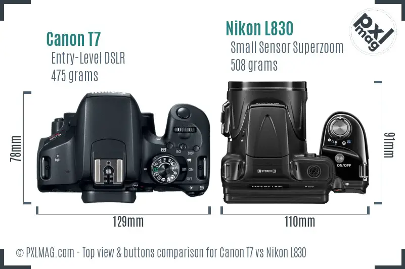 Canon T7 vs Nikon L830 top view buttons comparison Canon T7 vs Nikon L830 top view buttons comparison