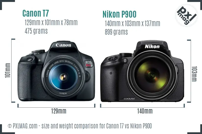 Canon T7 vs Nikon P900 size comparison