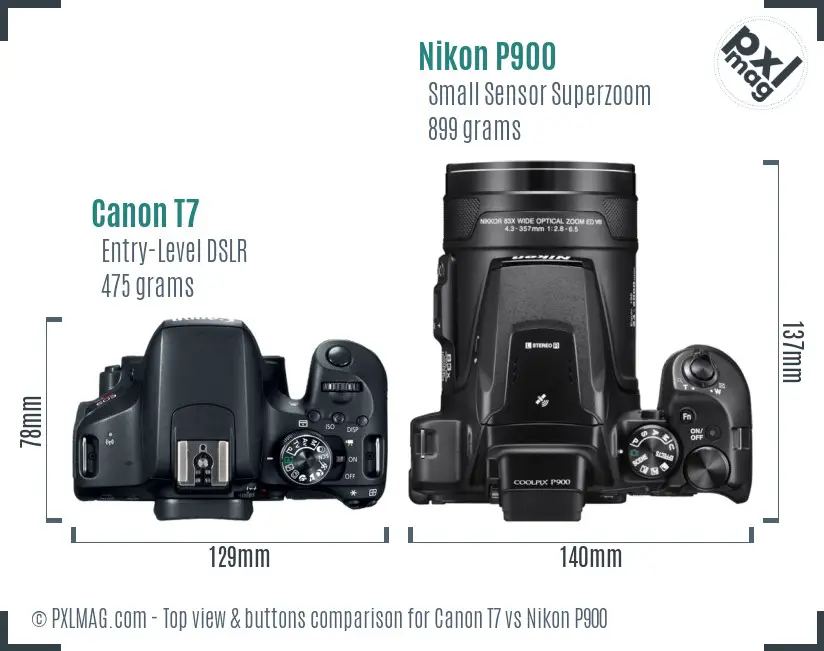 Canon T7 vs Nikon P900 top view buttons comparison