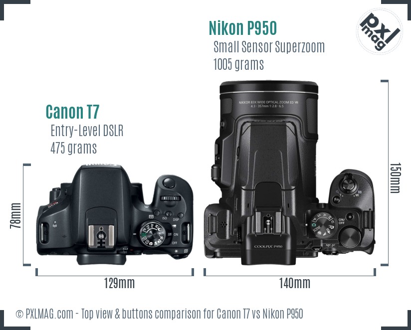 Canon T7 vs Nikon P950 top view buttons comparison