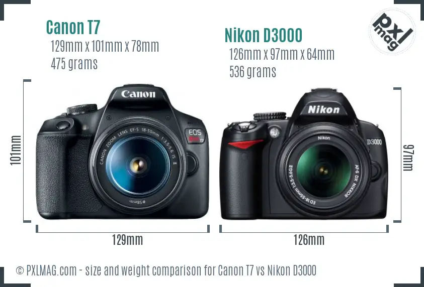 Canon T7 vs Nikon D3000 size comparison