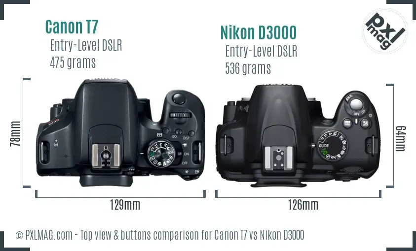 Canon T7 vs Nikon D3000 top view buttons comparison