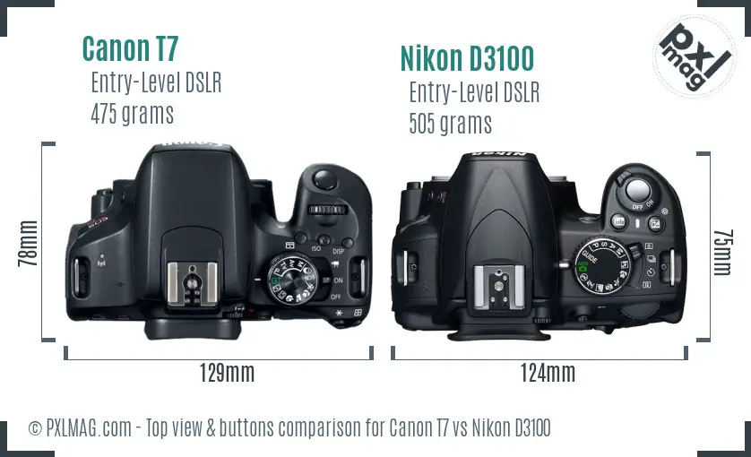 Canon T7 vs Nikon D3100 top view buttons comparison