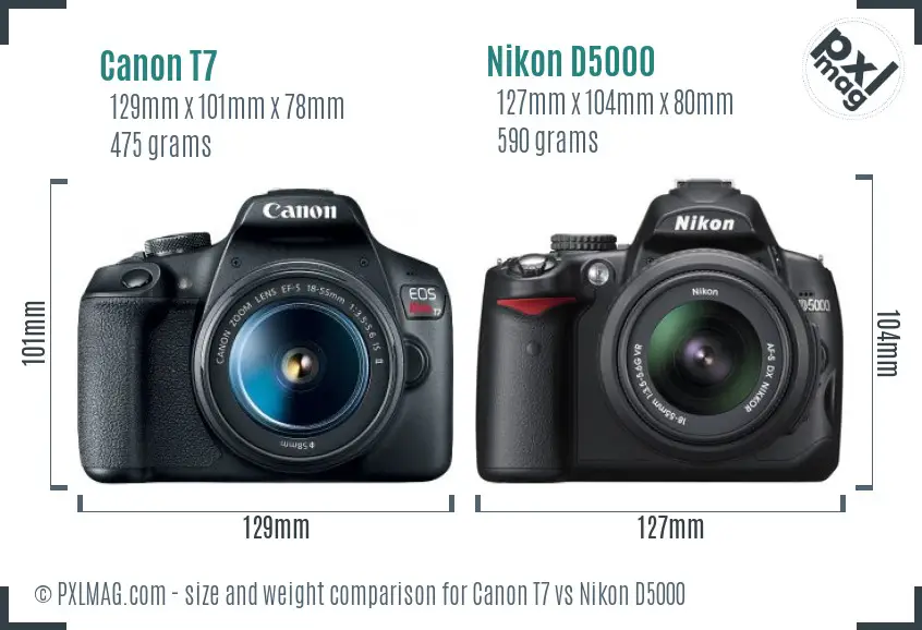 Canon T7 vs Nikon D5000 size comparison
