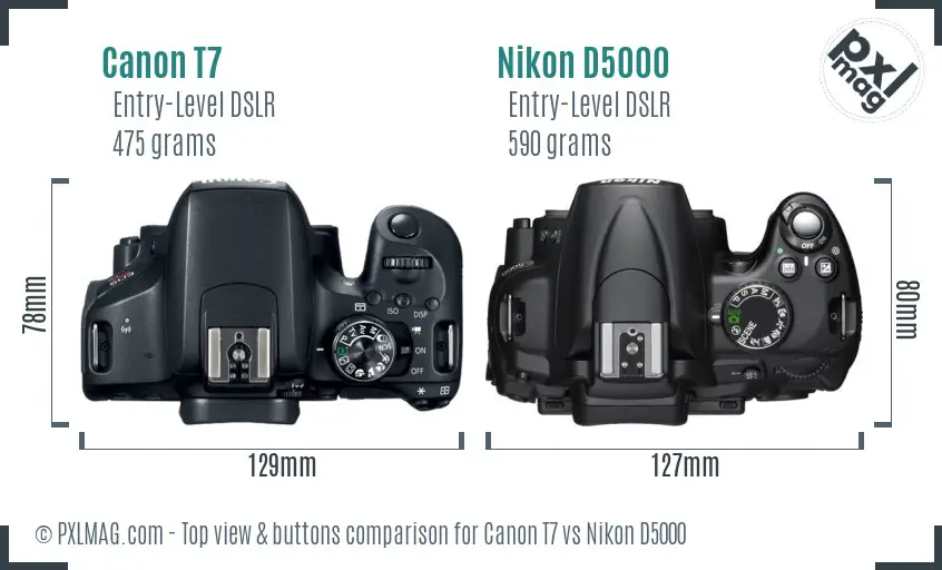 Canon T7 vs Nikon D5000 top view buttons comparison
