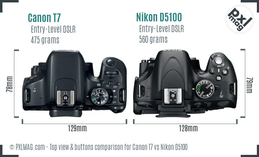 Canon T7 vs Nikon D5100 top view buttons comparison Canon T7 vs Nikon D5100 top view buttons comparison