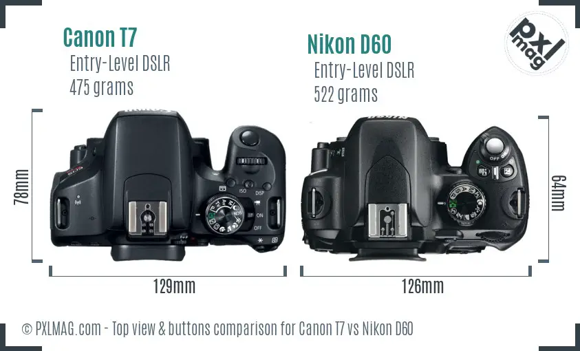 Canon T7 vs Nikon D60 top view buttons comparison
