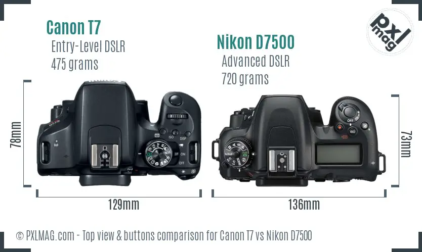 Canon T7 vs Nikon D7500 top view buttons comparison Canon T7 vs Nikon D7500 top view buttons comparison