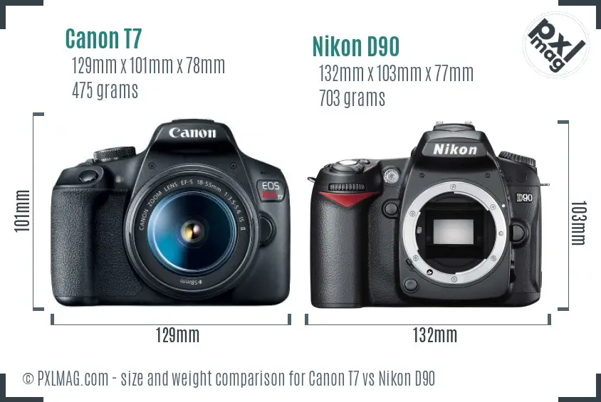 Canon T7 vs Nikon D90 size comparison