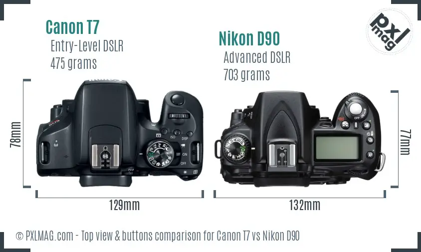 Canon T7 vs Nikon D90 top view buttons comparison