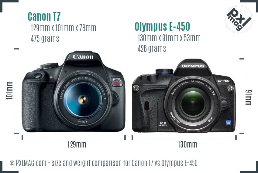 Canon T7 vs Olympus E-450 size comparison