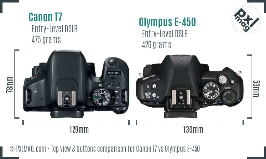 Canon T7 vs Olympus E-450 top view buttons comparison