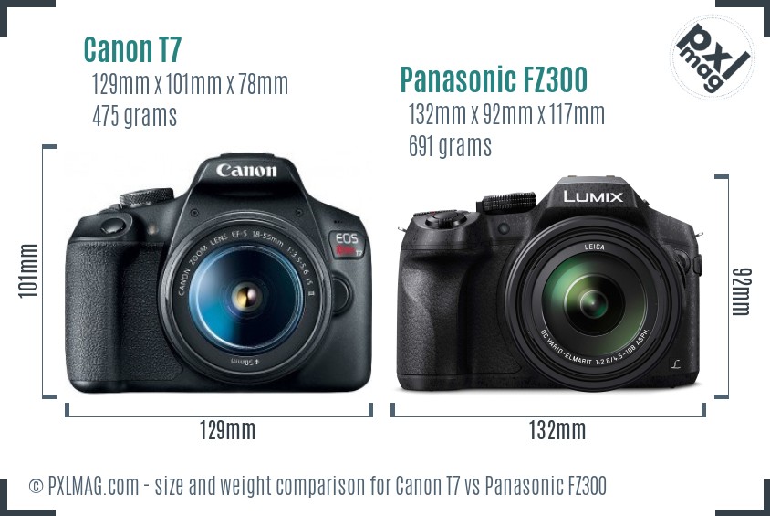 Canon T7 vs Panasonic FZ300 size comparison