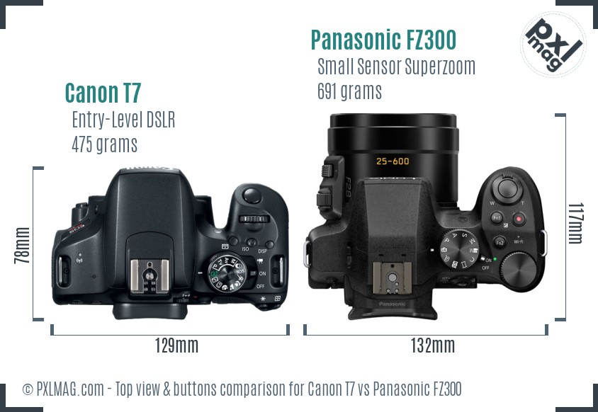 Canon T7 vs Panasonic FZ300 top view buttons comparison