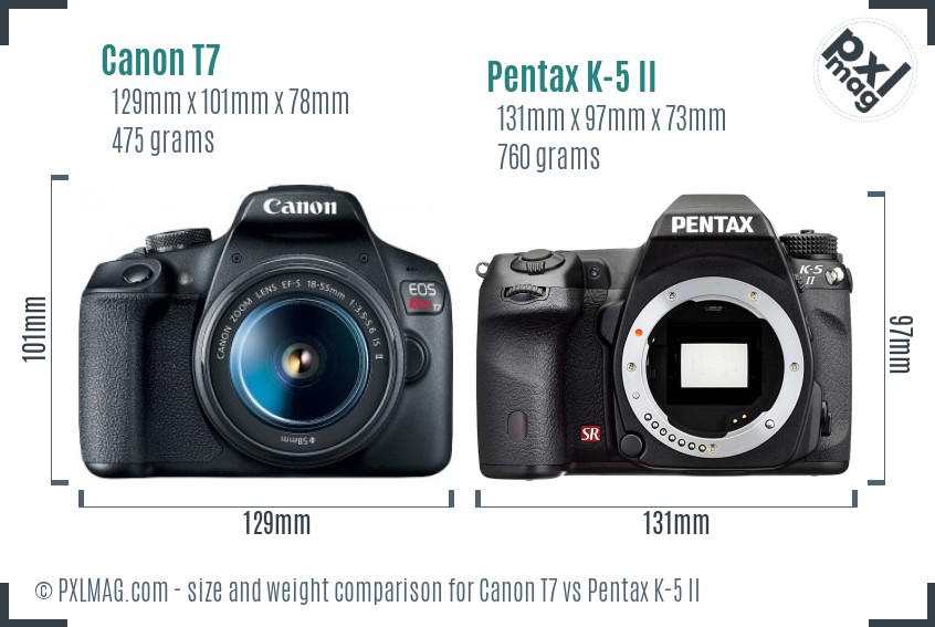 Canon T7 vs Pentax K-5 II size comparison