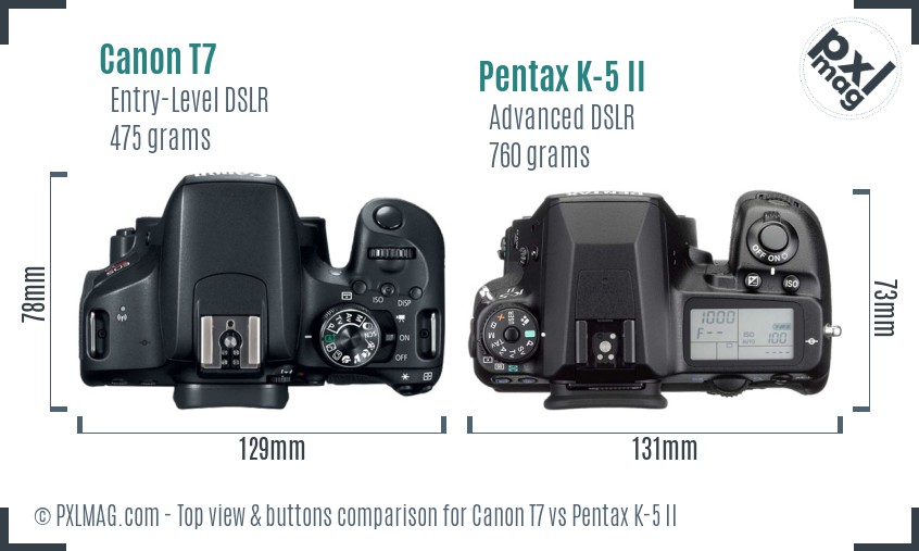 Canon T7 vs Pentax K-5 II top view buttons comparison