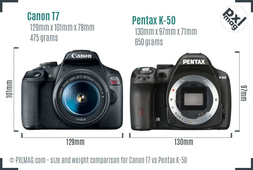 Canon T7 vs Pentax K-50 size comparison