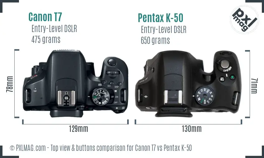 Canon T7 vs Pentax K-50 top view buttons comparison