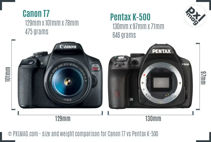 Canon T7 vs Pentax K-500 size comparison