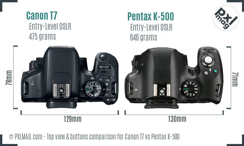 Canon T7 vs Pentax K-500 top view buttons comparison