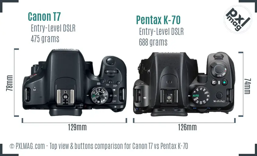 Canon T7 vs Pentax K-70 top view buttons comparison