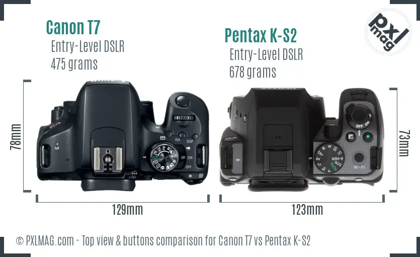 Canon T7 vs Pentax K-S2 top view buttons comparison