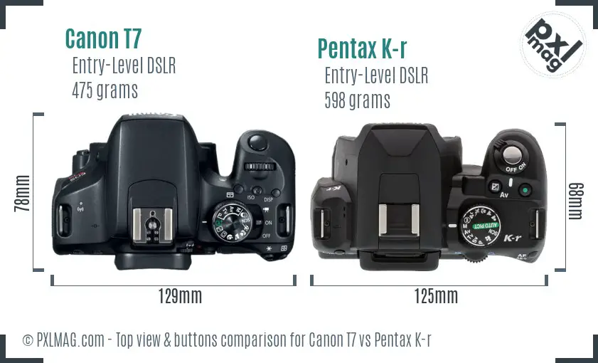 Canon T7 vs Pentax K-r top view buttons comparison