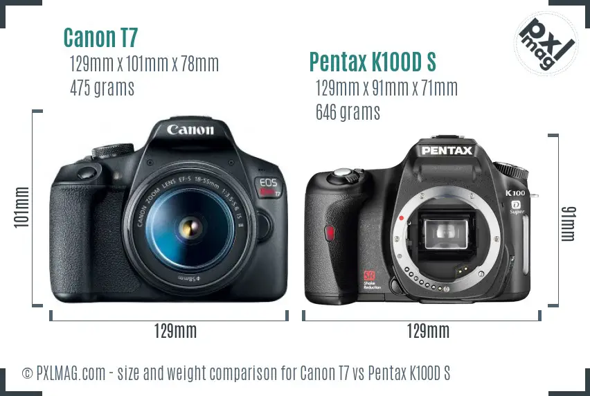 Canon T7 vs Pentax K100D S size comparison