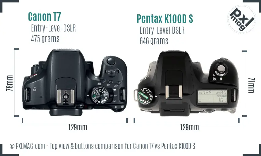 Canon T7 vs Pentax K100D S top view buttons comparison